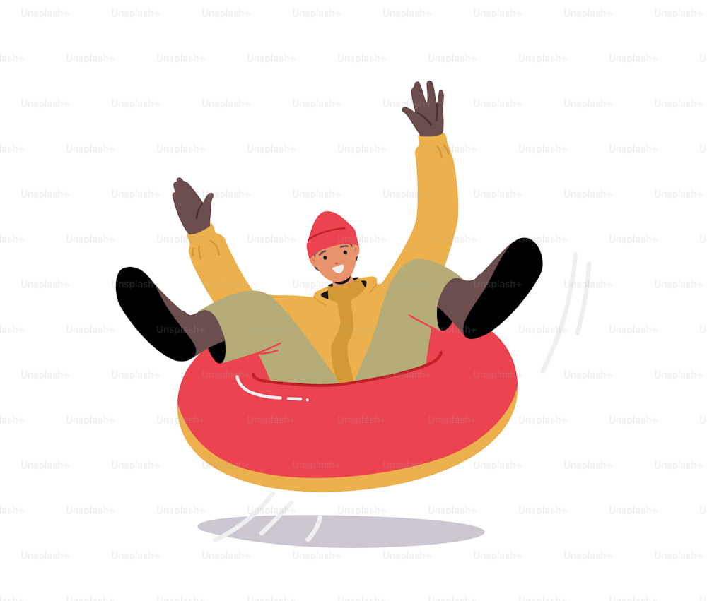 Winter Holidays Fun and Recreation Concept. Happy Teenager Character Sliding Down Slope on Snow Tubing. Young Man Riding Inflatable Sled, Active Outdoor Fun. Cartoon People Vector Illustration