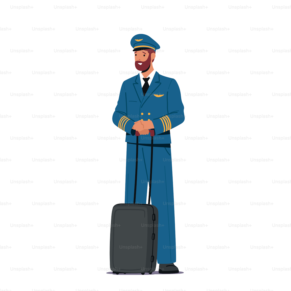 Airplane Pilot with Suitcase Isolated on White Background. Aviation Aircrew Male Character Wearing Uniform, Jet Plane Captain, Air Service Staff Full Height. Cartoon People Vector Illustration