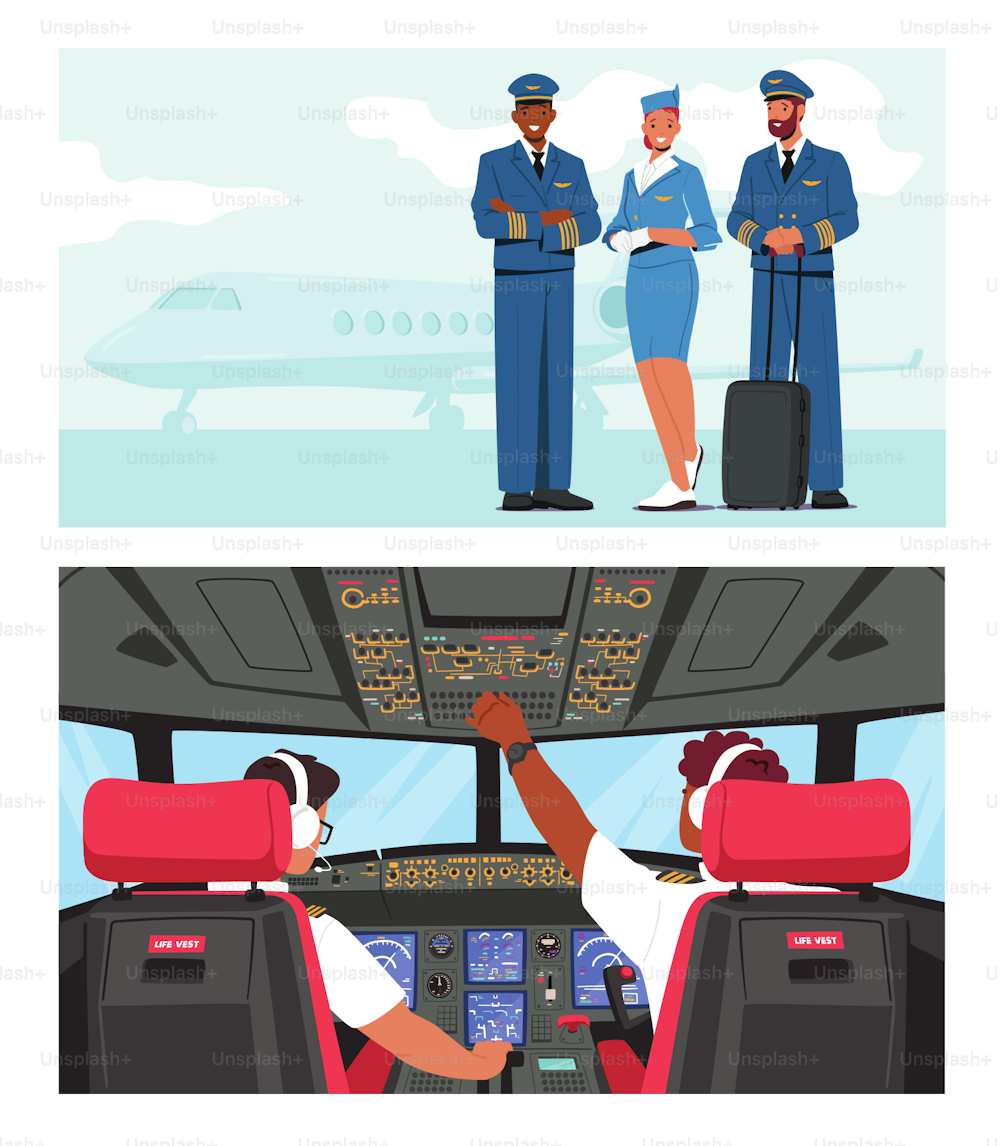 Airport Staff, Jet Plane Captain and Air Hostess. Air Service Staff. Pilot and Copilot in Airplane Cockpit. Aviation Aircrew Characters Wearing Uniform. Cartoon People Vector Illustration