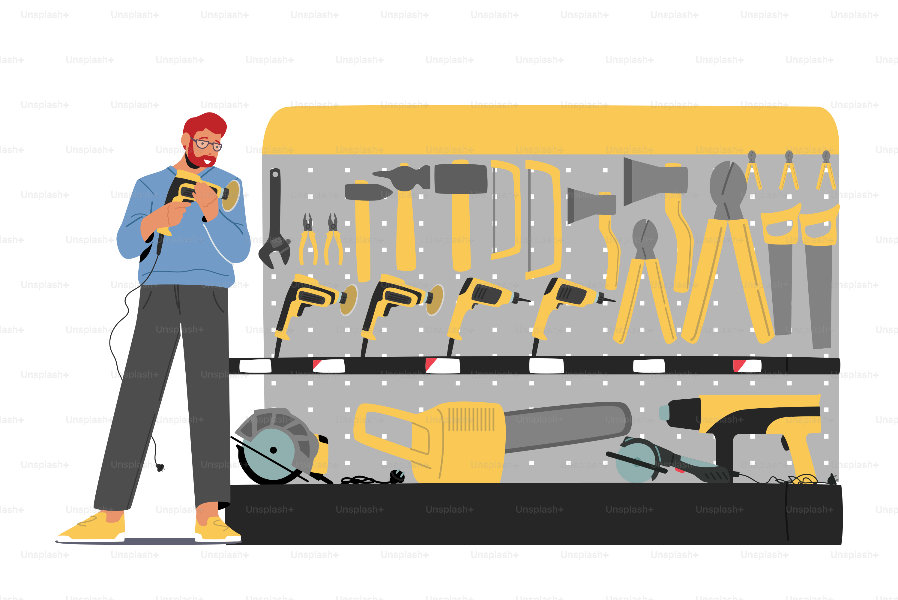 Personnage masculin Choisissez des outils et des instruments dans la quincaillerie. Homme à la recherche d’appareils pour la réparation, la menuiserie, la rénovation ou la réparation dans un magasin d’équipement de construction. Illustration vectorielle de personnes de dessins animés