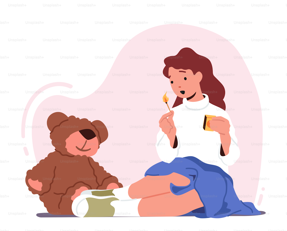 Little Girl Play With Matches. Kid In Dangerous Situation, Risk At Home Concept with Child Character Sitting on Floor with Teddy Bear and Burning Match. Cartoon Vector Illustration