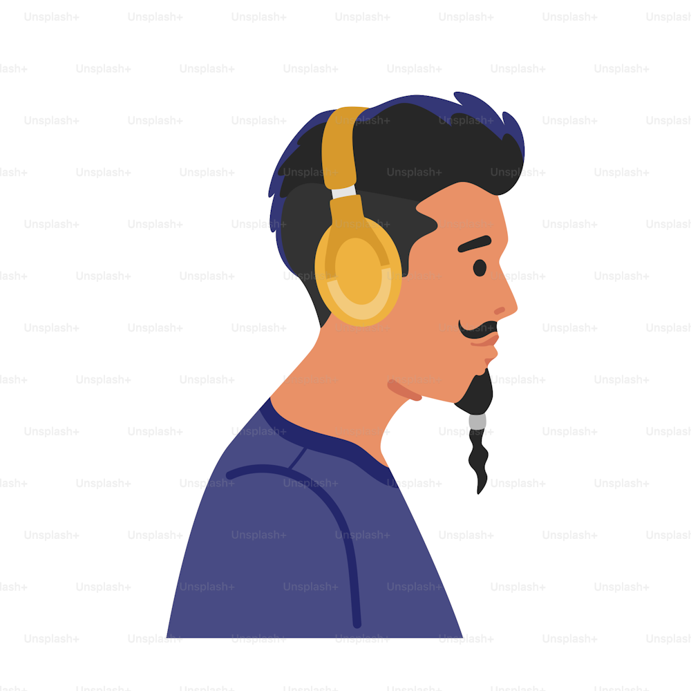 Elegante Hipster Man Wear Headphones Profile View. Personagem masculino moderno com penteado moderno, bigodes e barba ouve música isolada no fundo branco. Ilustração vetorial de pessoas dos desenhos animados