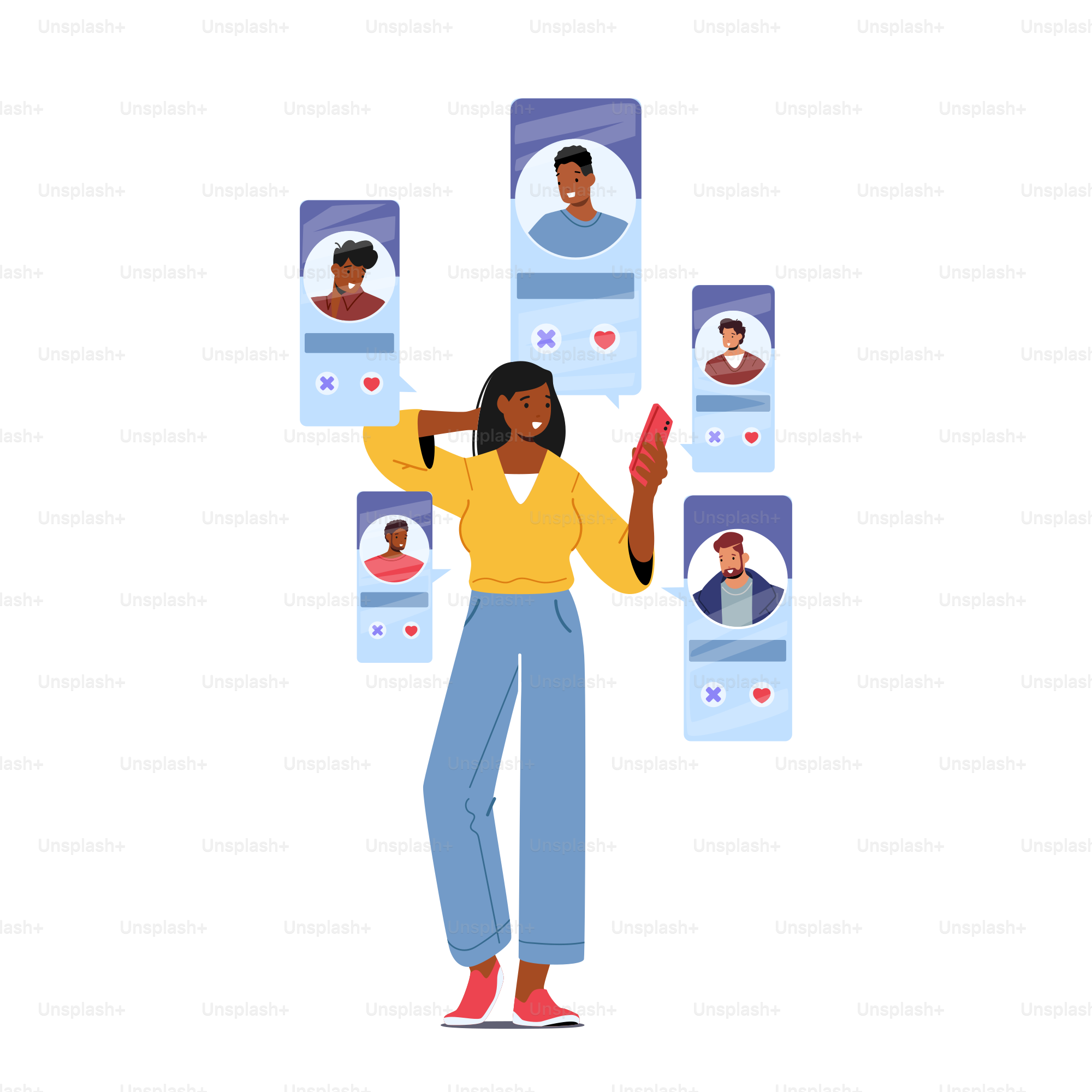 Aplicación de servicio de citas en línea, redes sociales, concepto de comunicación de relaciones virtuales. Mujer sosteniendo un teléfono inteligente con perfiles de hombres. Chica joven moderna busca pareja. Ilustración vectorial de dibujos animados