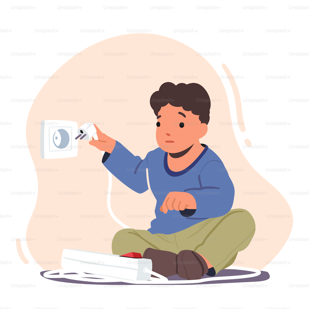 Kid In A Dangerous Situation, Child Play With Electricity Turn on Plug in Socket. Risk At Home Prevention, Hazard Concept With Boys Character Stay Alone at Home. Cartoon Vector Illustration