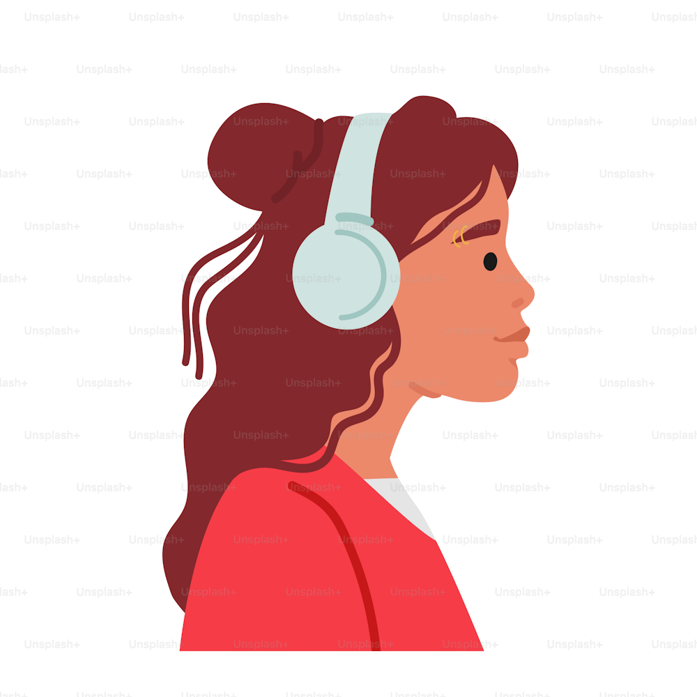 若いスタイリッシュな女性キャラクターは、ヘッドフォンのプロファイルビューを着用します。白い背景に長い髪のトレンディなティーンエイジャーの女の子が、音楽やオーディオプログラムを聴く。漫画の人々のベクターイラスト