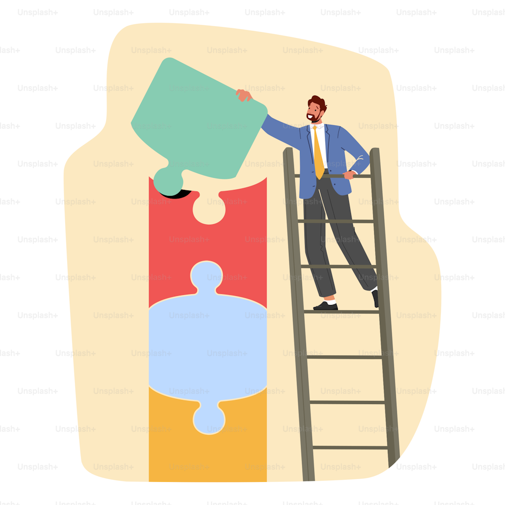 Businessman Character Stand on Ladder Connect Huge Puzzle Pieces. Man Solve Complicated Task, Achieve Goal, Working on Innovative Idea Concept. Cartoon People Vector Illustration