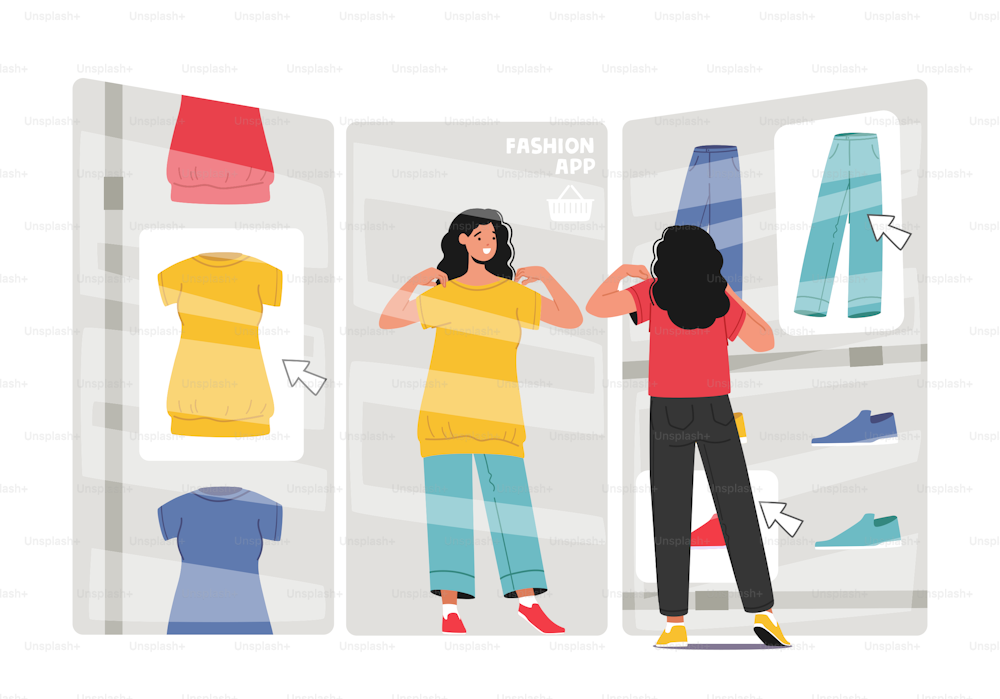 New Fashion Technologies, Internet Store, Online Shopping Concept. Woman Trying On Clothes In Virtual Fitting Room. Female Character Use App On Mobile Phone. Cartoon People Vector Illustration