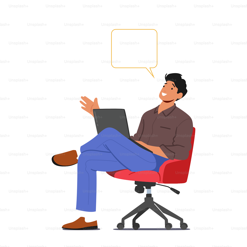 Man Sitting on Chair with Laptop and Speech Bubble in Office. Businessman Character, Employee at Work, Manager or Student Discussion, Brainstorm Communication. Cartoon People Vector Illustration