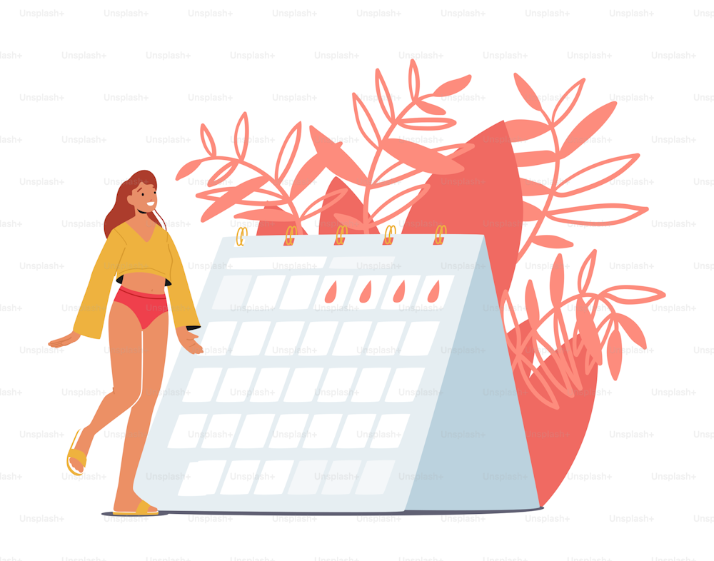 Women Health Reproductive System Medical Concept. Female Character Look At Calendar with Blood Drops. Beautiful Girl Control and Check Menstrual or Ovulation Cycle. Cartoon People Vector Illustration