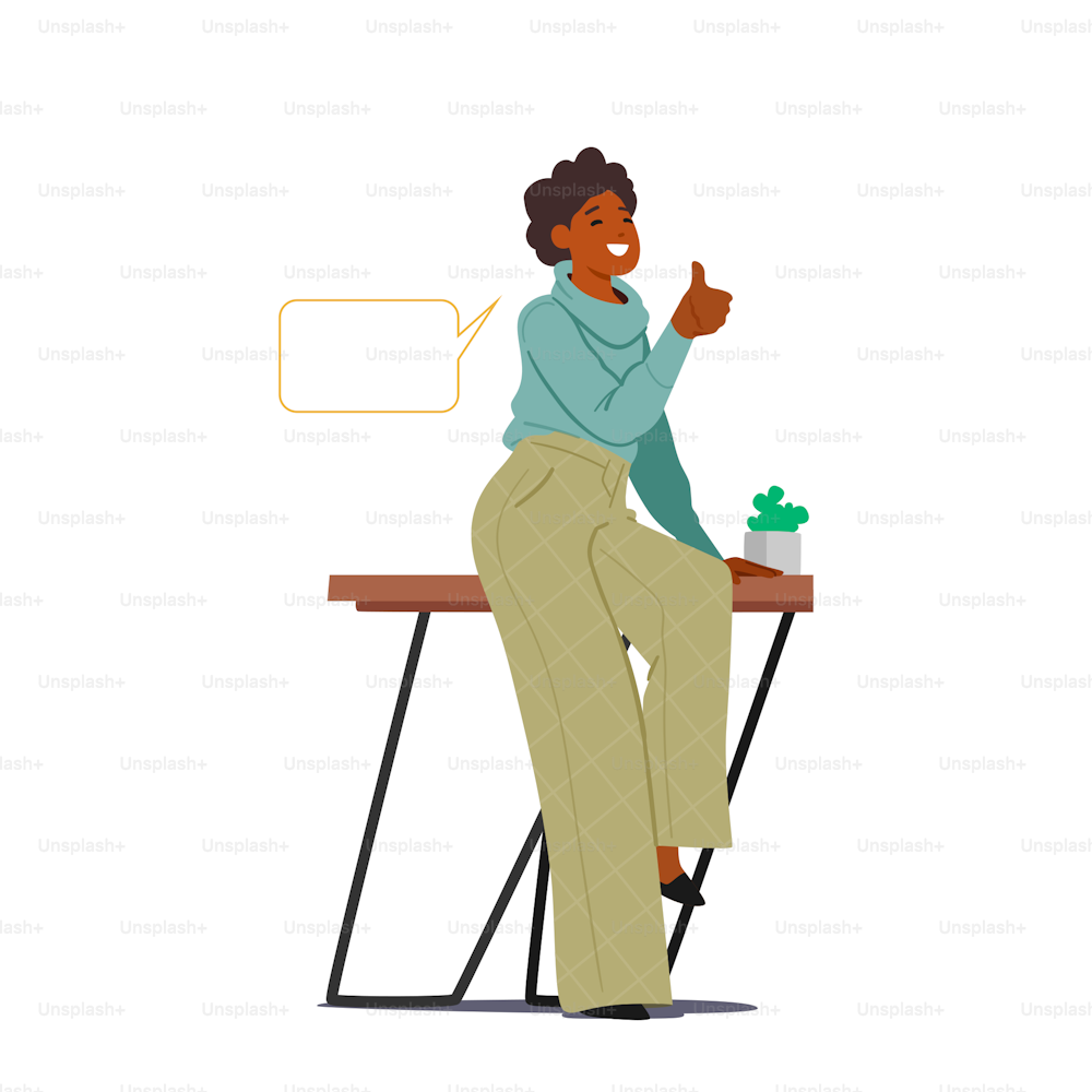 Joven mujer negra con burbuja de diálogo mostrando el pulgar hacia arriba en la oficina. Personaje femenino satisfecho con idea de negocio creativa, nuevo proyecto, desarrollo de innovación. Ilustración vectorial de Cartoon People
