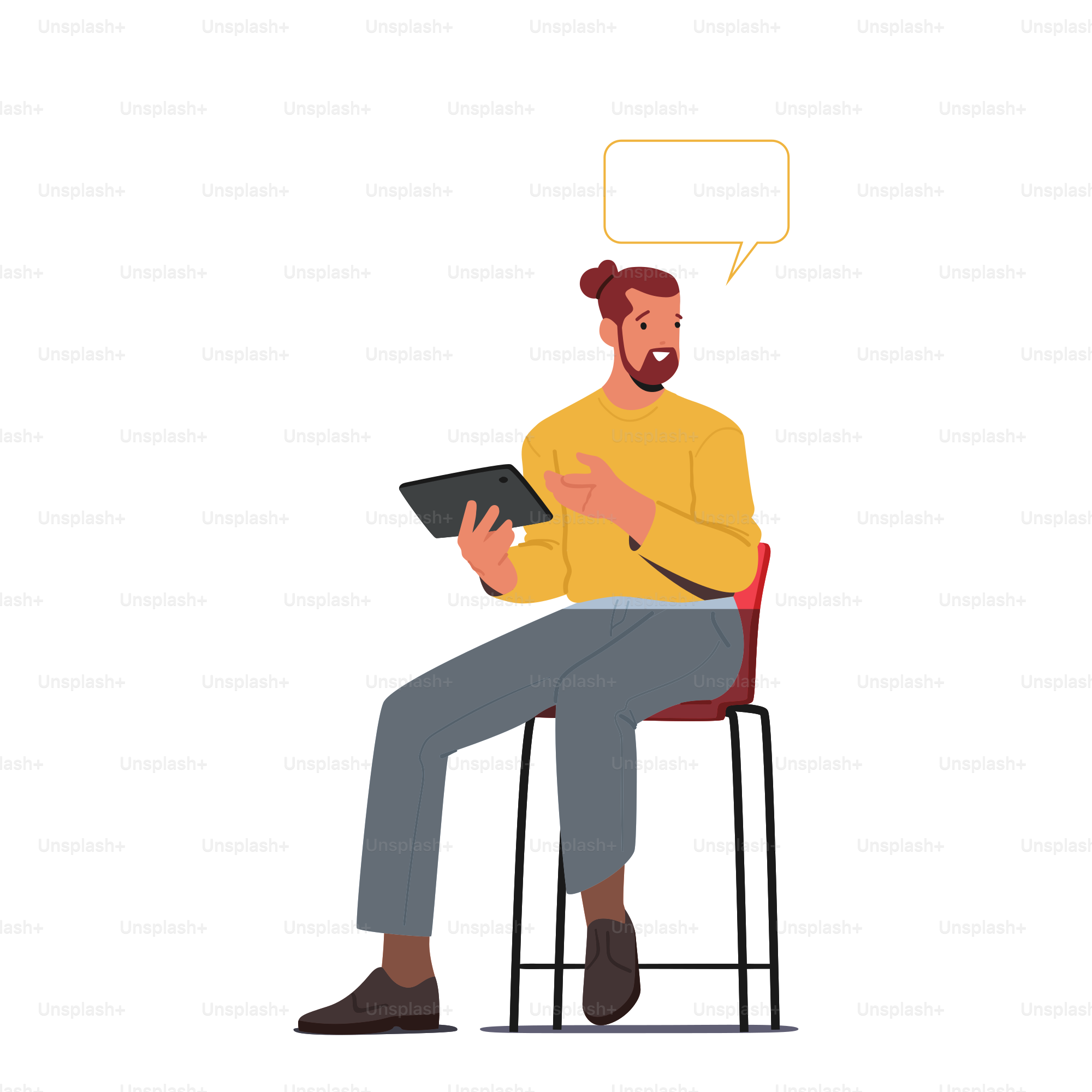 Young Man with Tablet Pc in Hands Sit on High Chair in Office Speaking and Search Solution with Speech Bubble Isolated on White Background. Male Character in Dialog. Cartoon People Vector Illustration