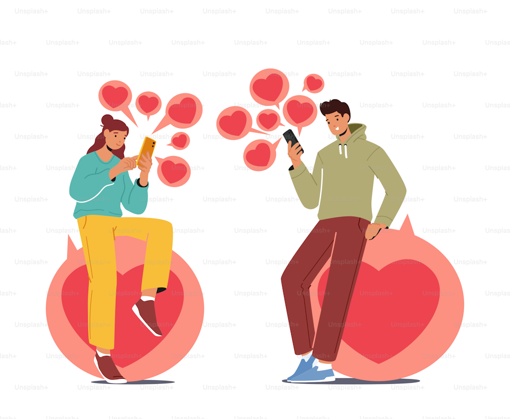 Couple Using Social Media Concept. Young Man And Woman Sitting On Big Bubbles With Hearts Use Mobile App For Texting And Pushing Like Button In Social Media And Dating App. Cartoon Vector Illustration