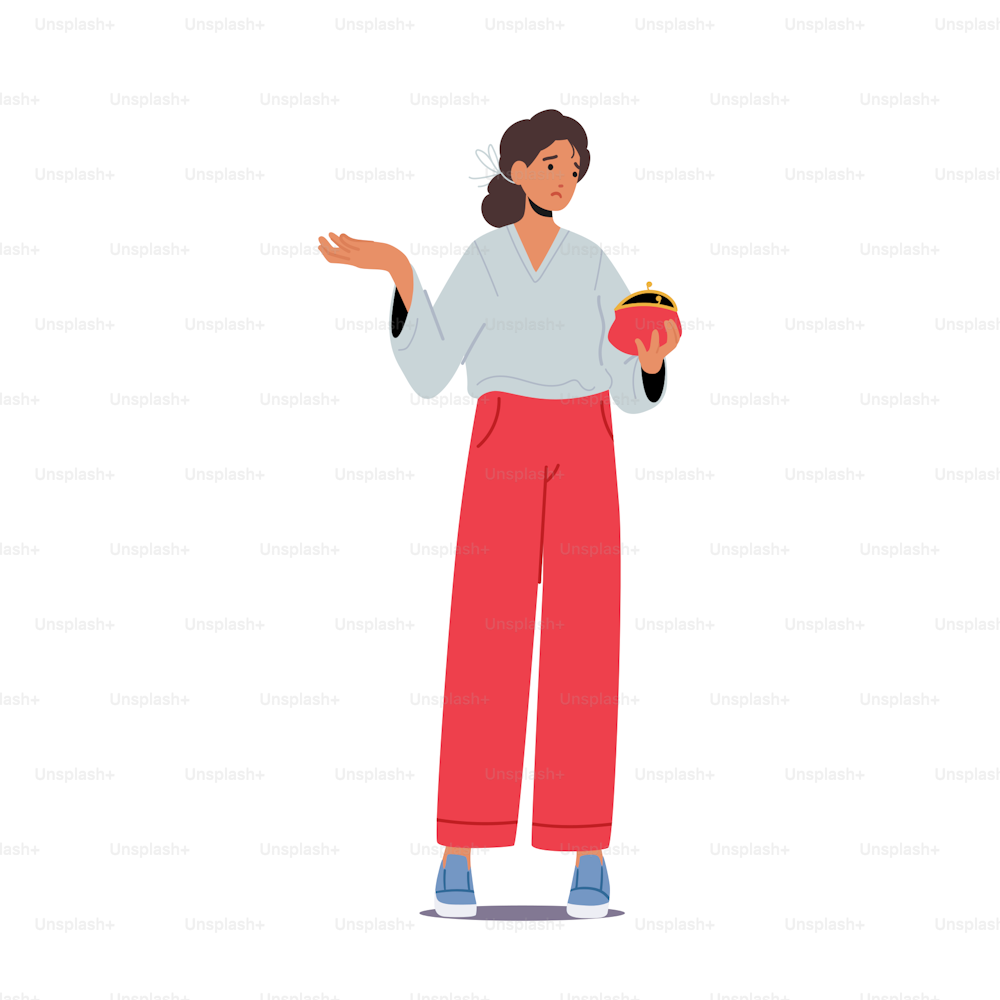 Poor Woman with Open Empty Wallet In Hand. No Money, Financial Problem, Bankruptcy Concept. Jobless Female Character Broke After Credit Card Payday or Debt Payment. Cartoon People Vector Illustration