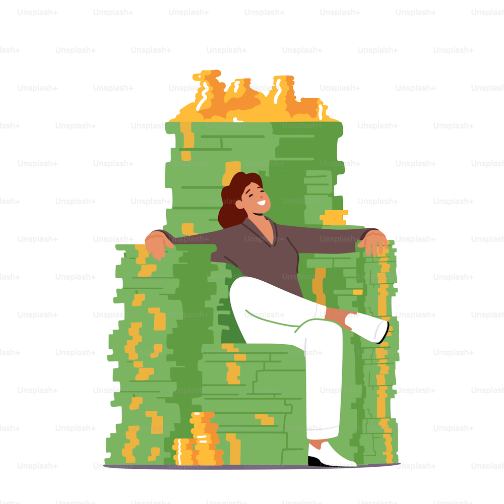 Rich Millionaire Businesswoman Character Sitting on Throne made of Money Stacks, Coins and Dollars. Business Growth, Wealth and Prosperity Concept. Investor with Money. Cartoon Vector Illustration
