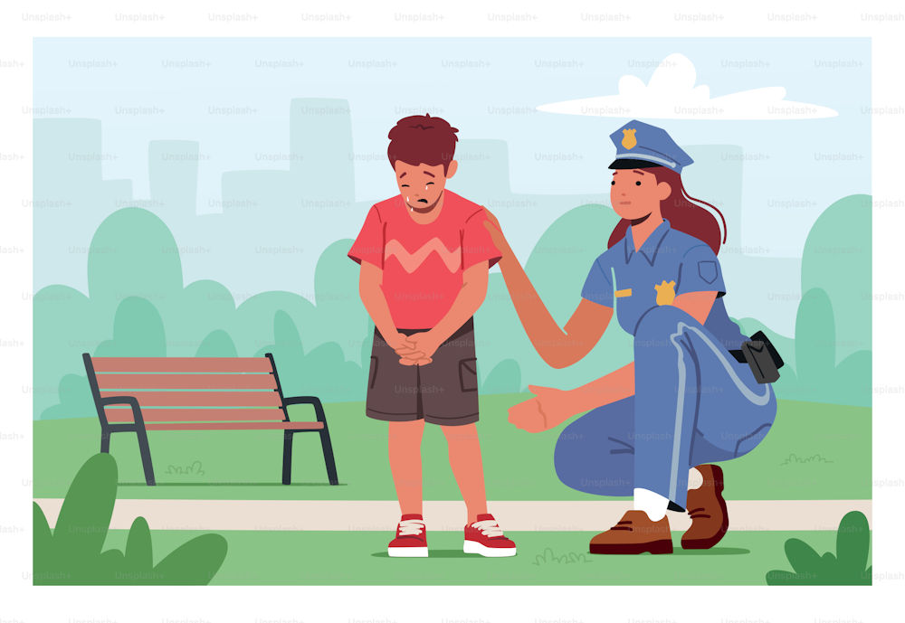 Kind verirrt sich an einem öffentlichen Ort, verängstigtes Baby weint im Stadtpark. Polizist weibliche Figur hilft Kind, seine Mutter zu finden, die nach Namen und Privatadresse fragt. Cartoon Menschen Vektor Illustration