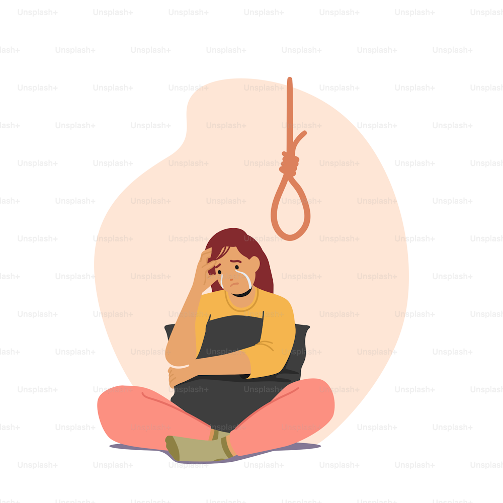 Depression, Mental Disease, Mind Health Problem Concept. Unhappy Woman Sitting on Floor with Pillow in Hands Thinking of Suicide. Female Character need Psychological Help. Cartoon Vector Illustration