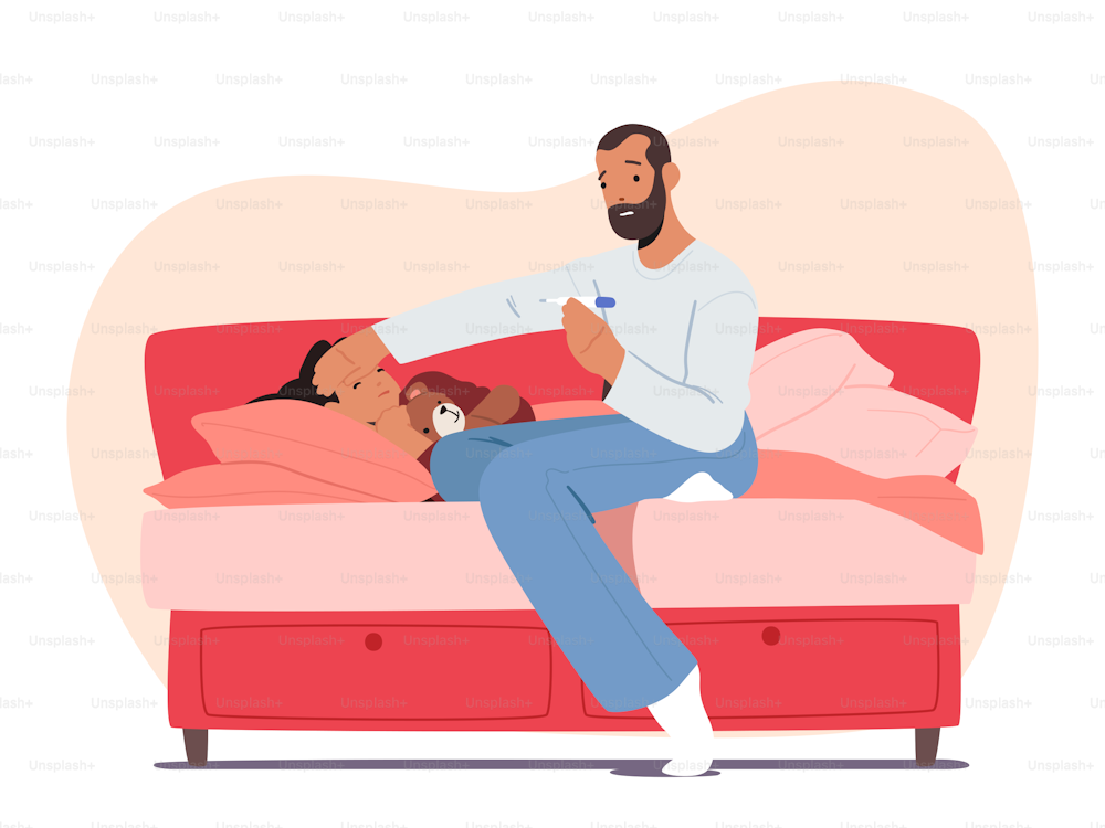 Sick Child Lying In Bed At Home Bedroom, Father Character Sitting Next To Daughter With Cold Fever, Kid Disease, Flu, Illness Concept with Dad and Girl, Cartoon People Vector Illustration