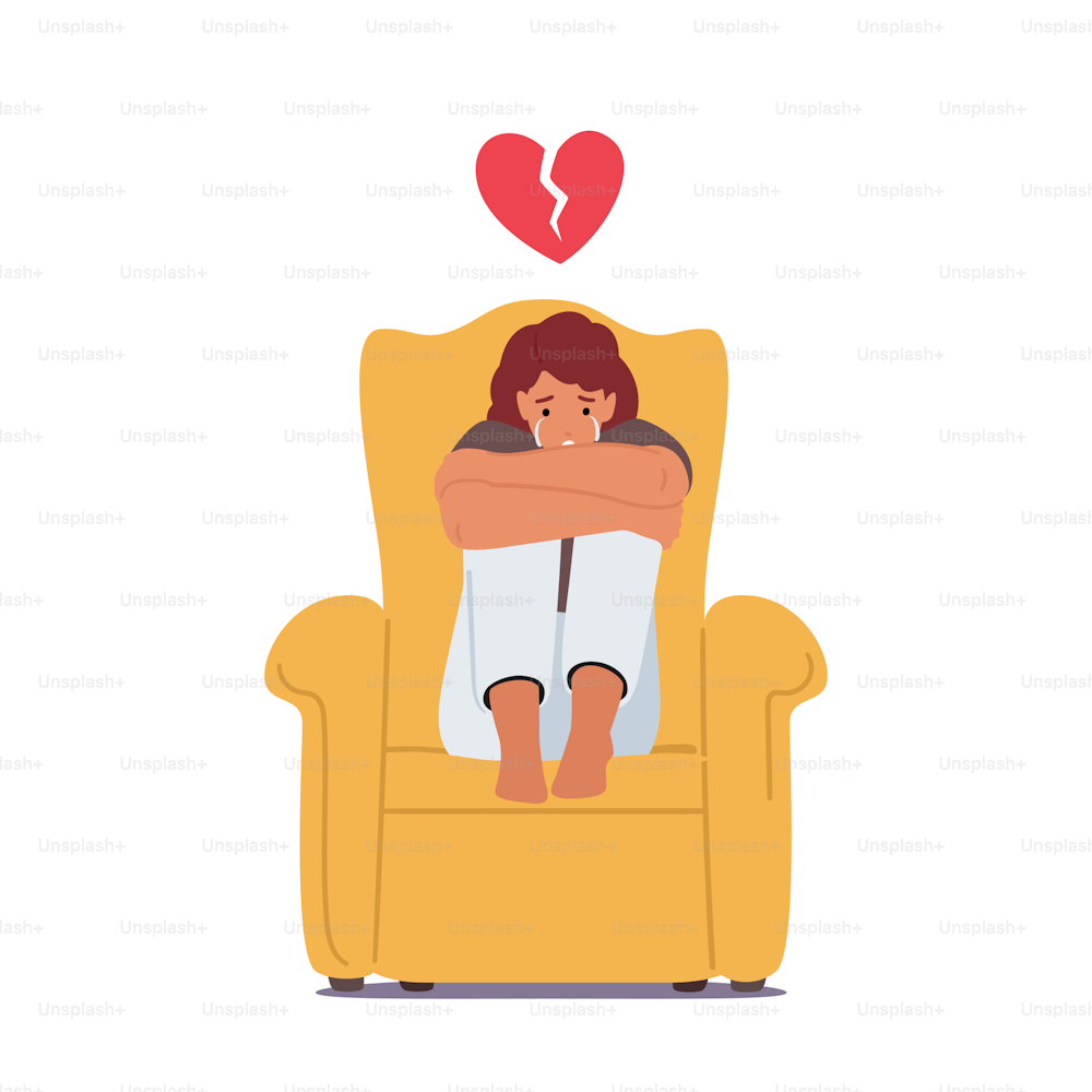 Depressed Heartbroken Woman Sitting on Armchair with Broken Heart over Head and Crying. End of Love and Loving Relations, Loneliness, Divorce and Separation Concept. Cartoon Vector Illustration