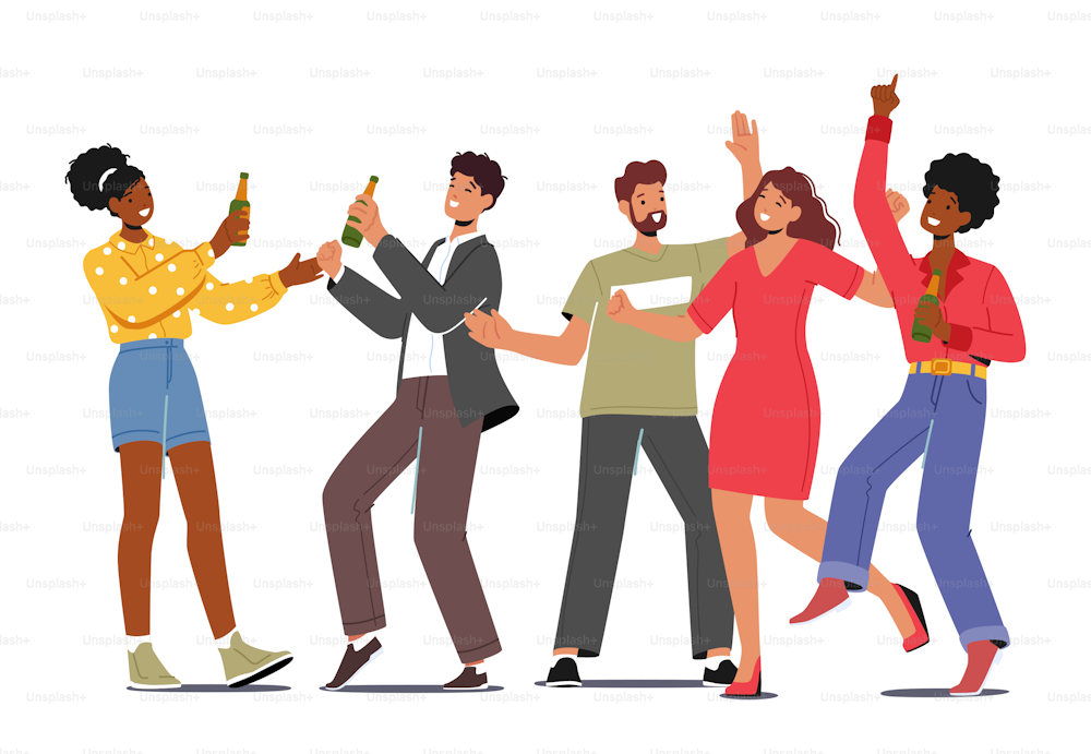 Friends Party with Drinks, Friendship Concept. Group of Cheerful Happy Young People Rejoice Laughing and Drinking Beer and Alcohol Beverages. Friends Characters Meeting. Cartoon Vector Illustration