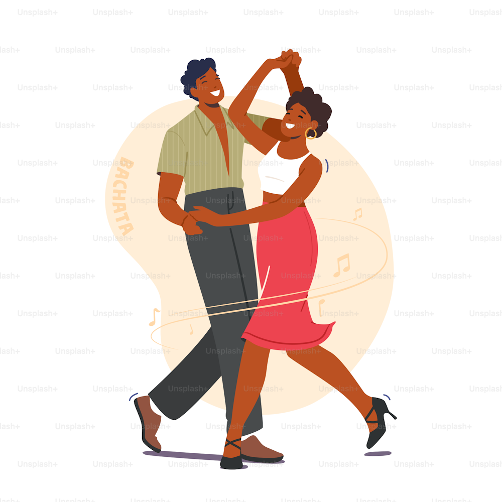 Young Couple Dancing Bachata Dance. Man and Woman Dancers Partners Characters Perform on Stage or Practicing Performance. People Active Lifestyle, Sparetime or Hobby. Cartoon Vector Illustration