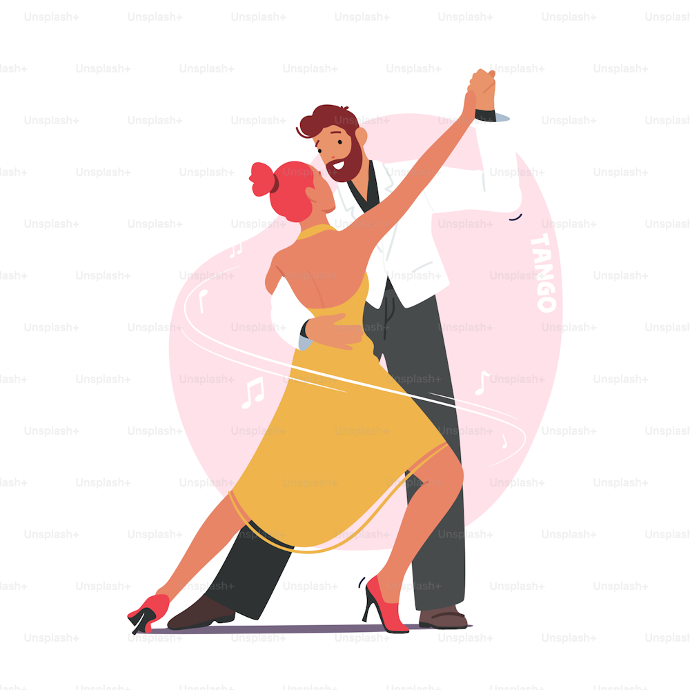 Young Couple Dancing Tango, Male and Female Partners Characters in Perform Dance on Scene. People Sparetime, Active Man and Woman Spend Time Together, Leisure or Hobby. Cartoon Vector Illustration