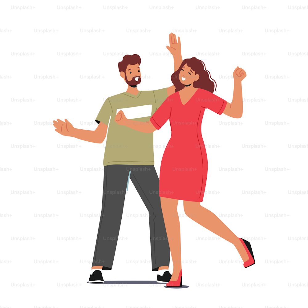 Young Couple Dancing Sparetime, People Active Lifestyle, Man and Woman in Loving or Friendly Relations Spend Time Together, Disco Dance Leisure or Hobby. Cartoon Vector Illustration