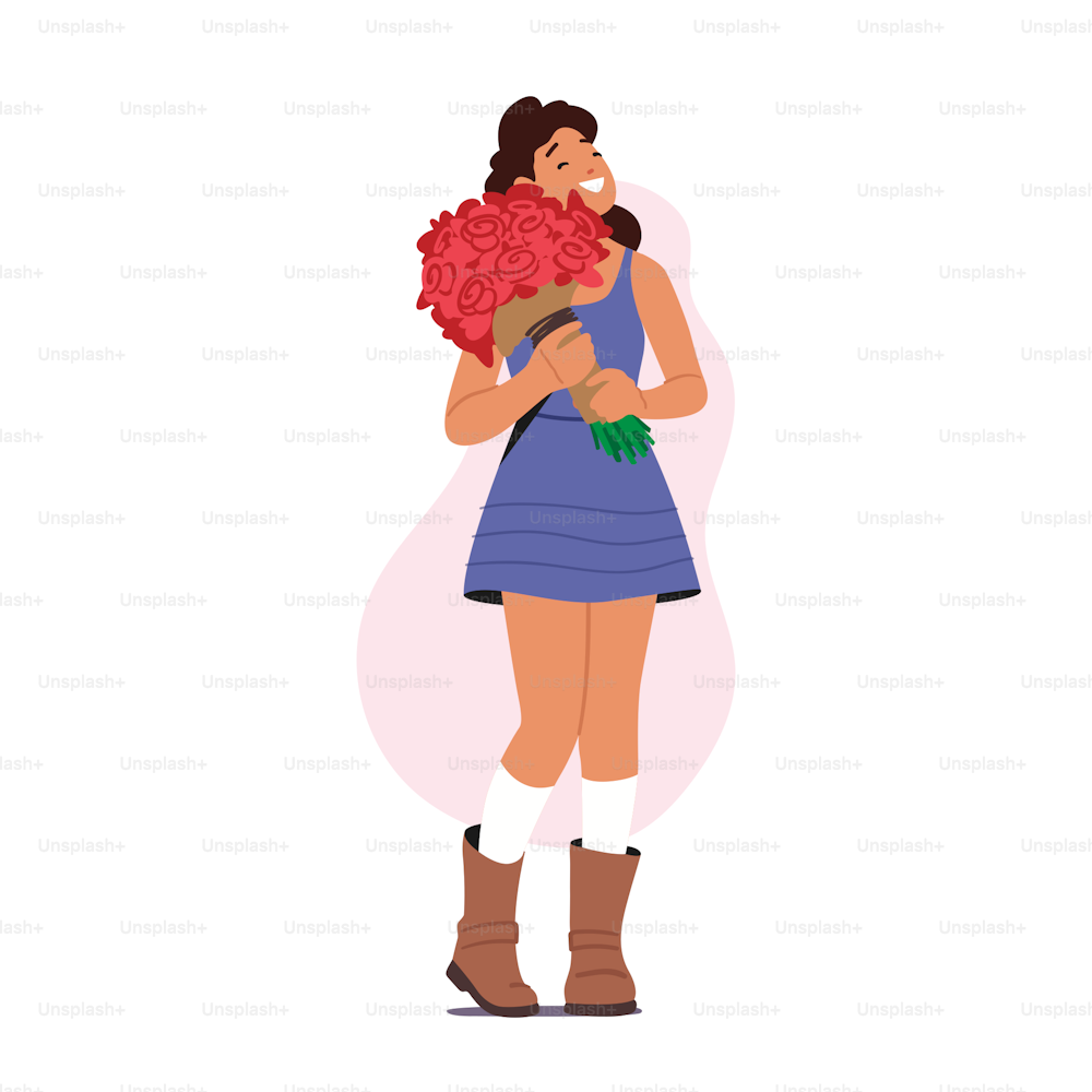 Young Woman Holding Bouquet of Beautiful Flowers. Happy Female Character Receive Present for Birthday Celebration or Dating. Girl with Blossoms in Hands. Cartoon People Vector Illustration