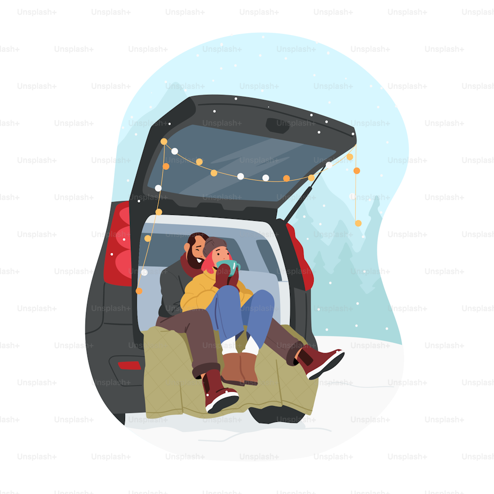 Loving Couple Winter Date, Romantic Sparetime. Man and Woman Characters Drinking Hot Tea Sitting in Car Trunk Decorated with Garland, Christmas Holidays Together. Cartoon People Vector Illustration