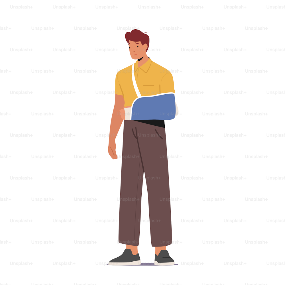 Unhappy Man with Hand Fracture Isolated on White Background. Injured Male Character with Broken Arm in bandage. Accident, Health Care, Traumatology Injury Concept. Cartoon People Vector Illustration