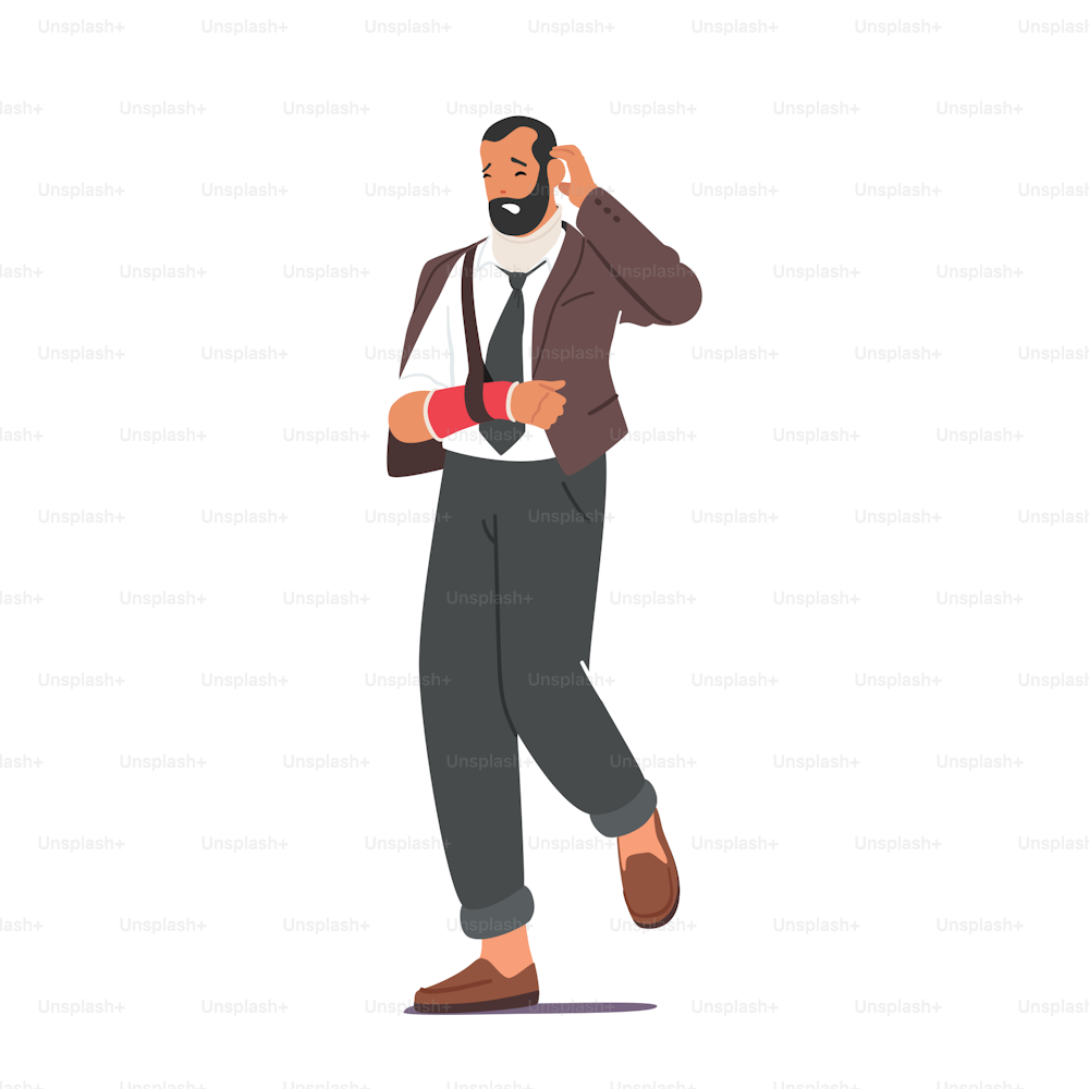 Man with Arm Fracture Isolated on White Background. Patient Male Character in Formal Wear with Broken Hand after Accident, Health Care, Traumatology Injury Concept. Cartoon People Vector Illustration