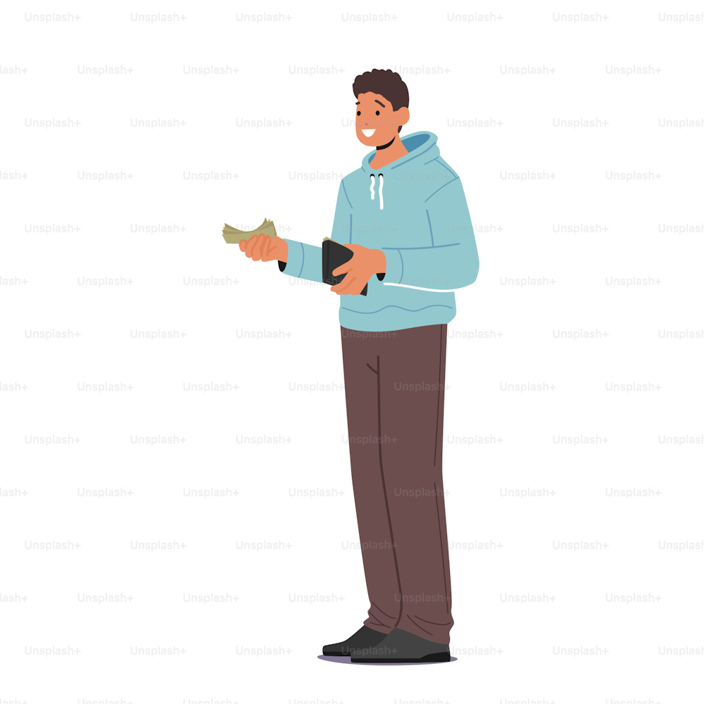 Man Holding Wallet and Banknotes in Hands Isolated on White Background. Young Male Character Paying, Buying Goods or Giving Money to Somebody Financial Concept. Cartoon People Vector Illustration