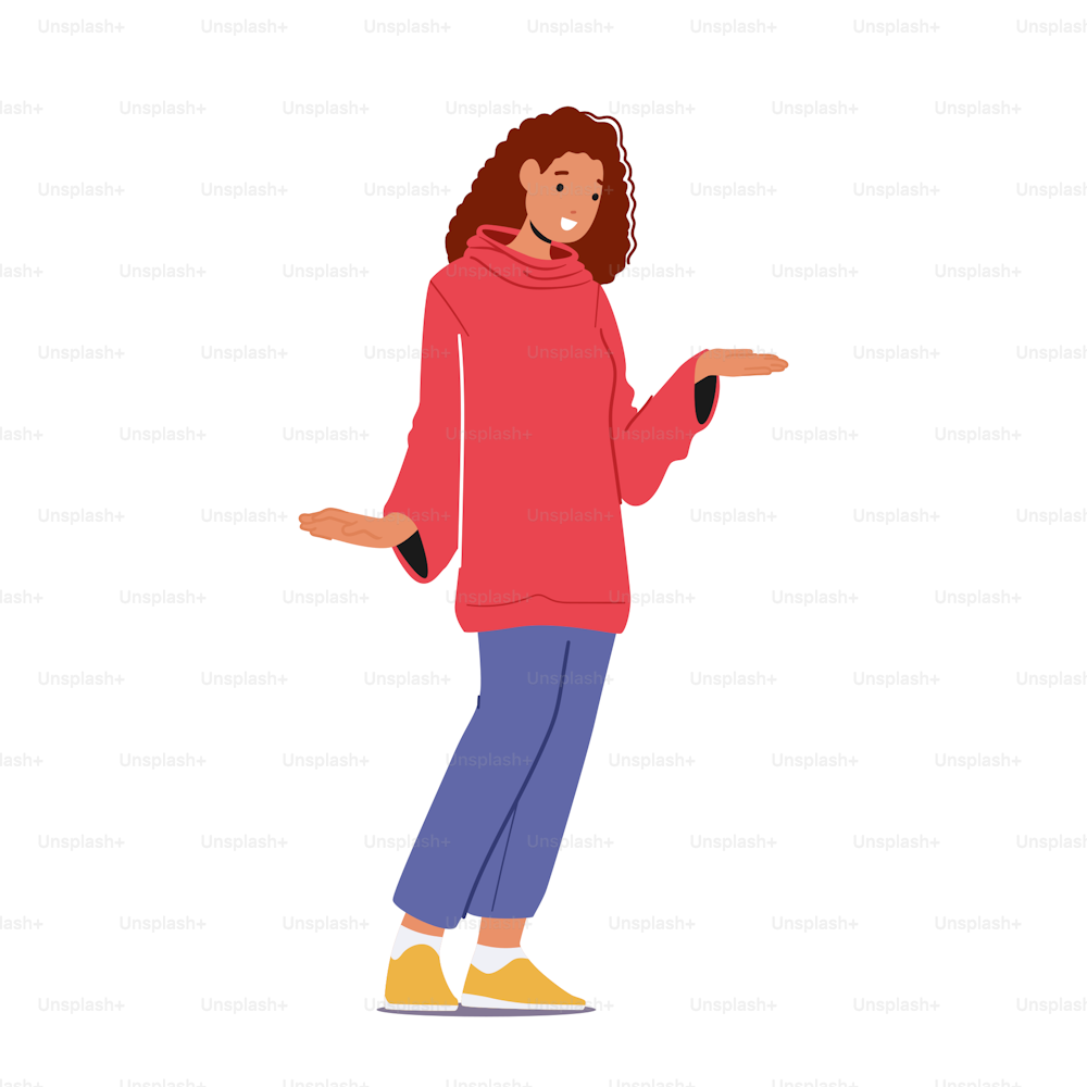 Personnage féminin joyeux isolé sur fond blanc. Jeune femme souriante portant un sweat à capuche rouge et un jean posant avec la main tendue, mendiant de l’argent ou communiquant. Illustration vectorielle de personnes de dessins animés