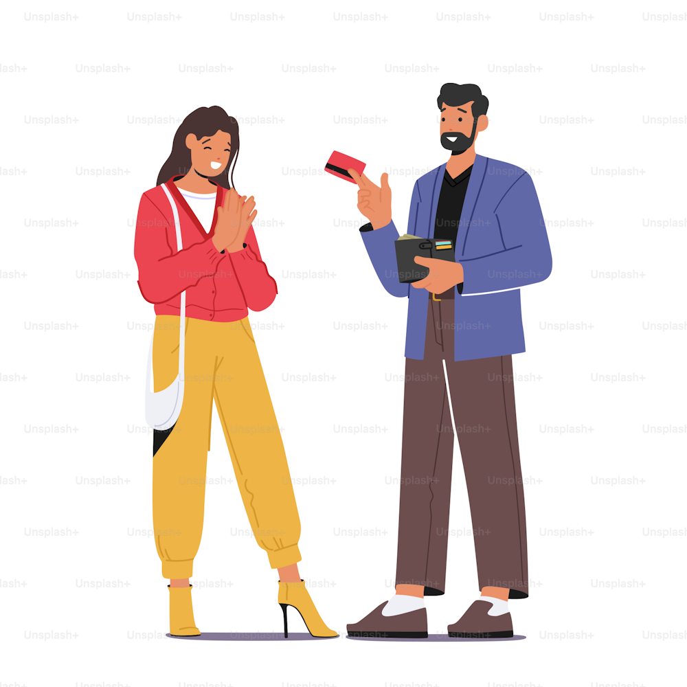 Husband or Friend Gives Credit Card To Cheerful Wife or Girlfriend. Man Paying Money To Woman. Characters Relations, Friendship or Lovers Relationship. Cartoon People Vector Illustration