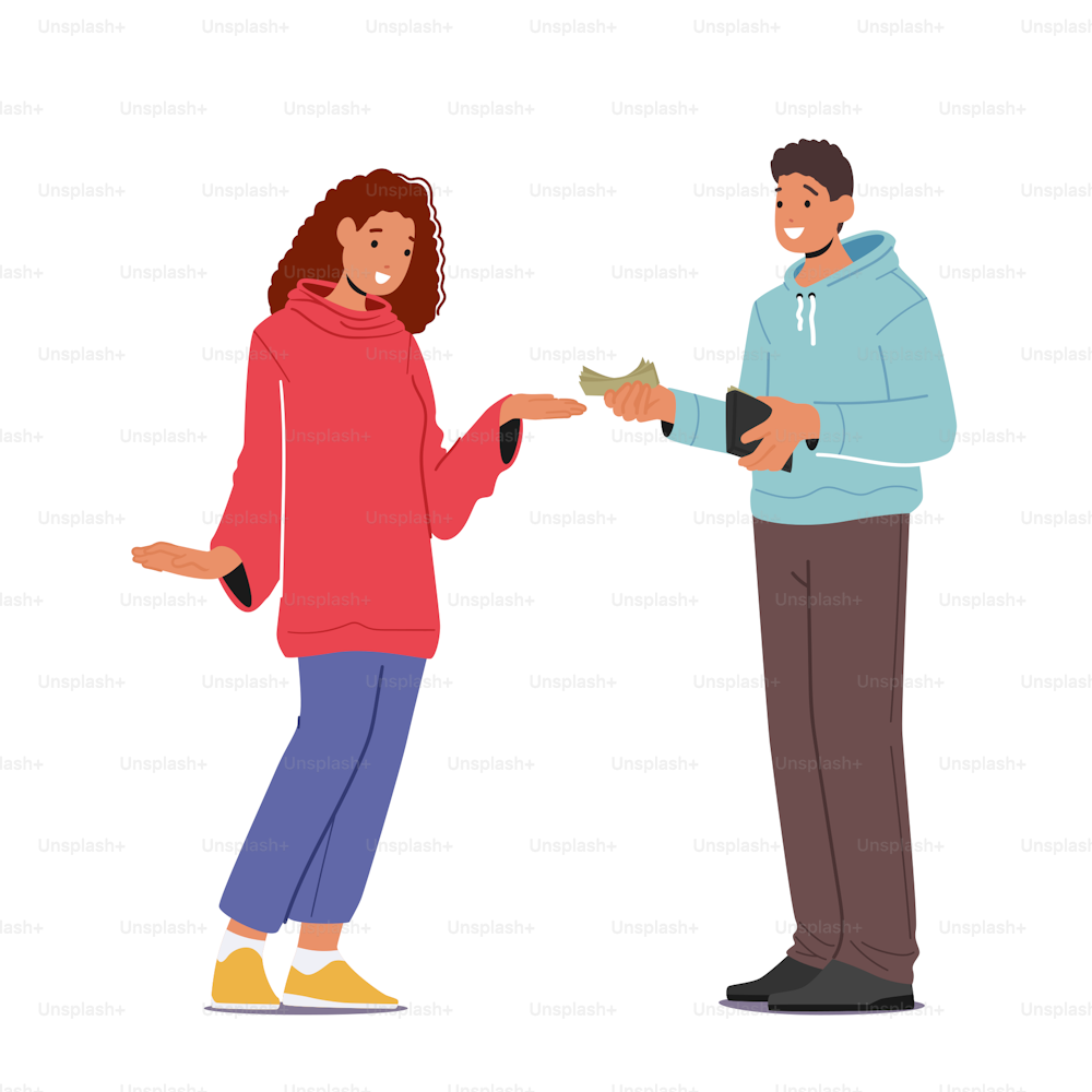 Man Giving Banknotes to Woman with Stretched Hand. Female Character Taking Loan, Borrowing Money From Friend or Husband. Financial Help, Gift, Debt Concept. Cartoon People Vector Illustration