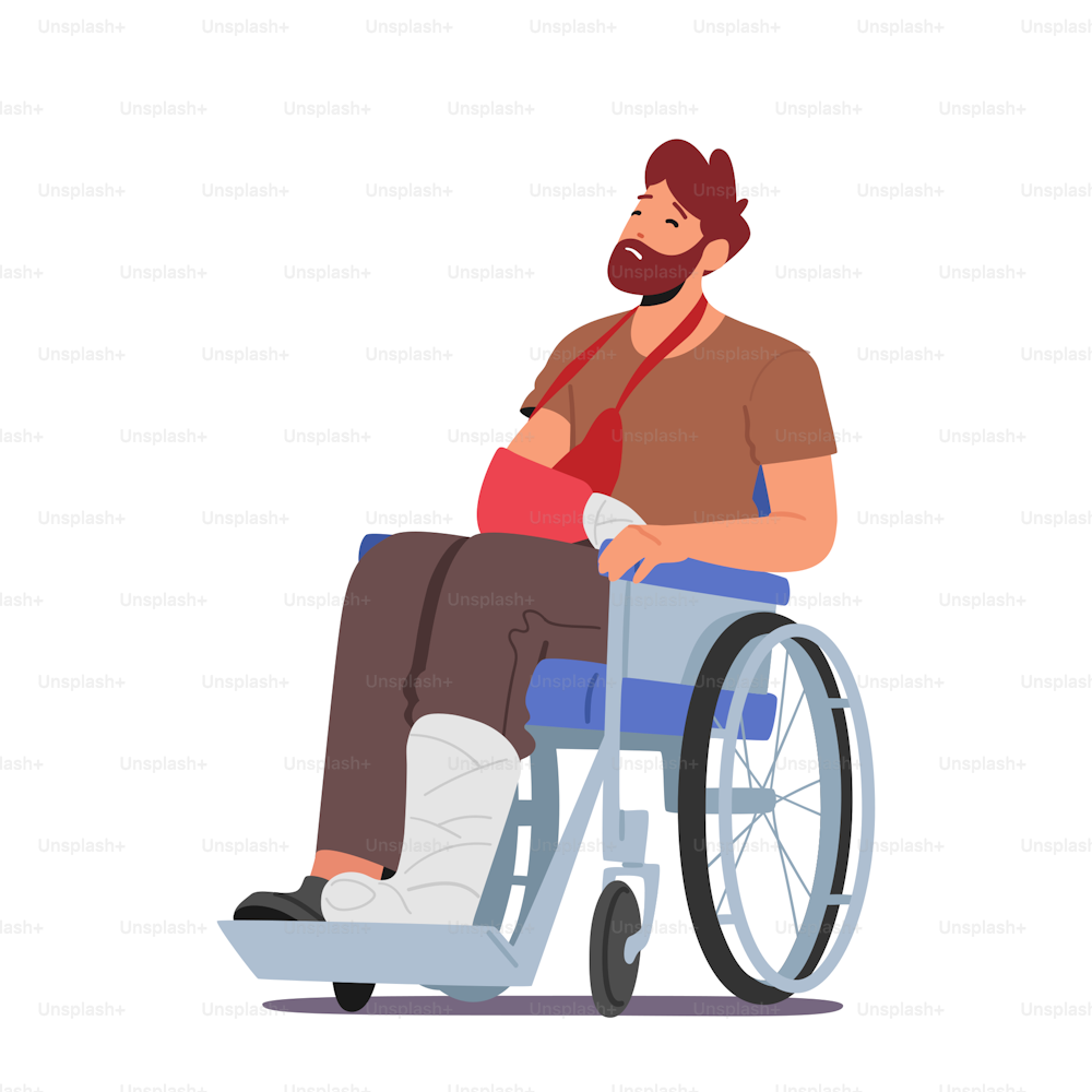 Unhappy Man with Leg Fracture Sitting on Wheelchair Suffer of Pain Isolated on White Background. Injured Patient Character with Broken Foot in Hospital. Cartoon People Vector Illustration