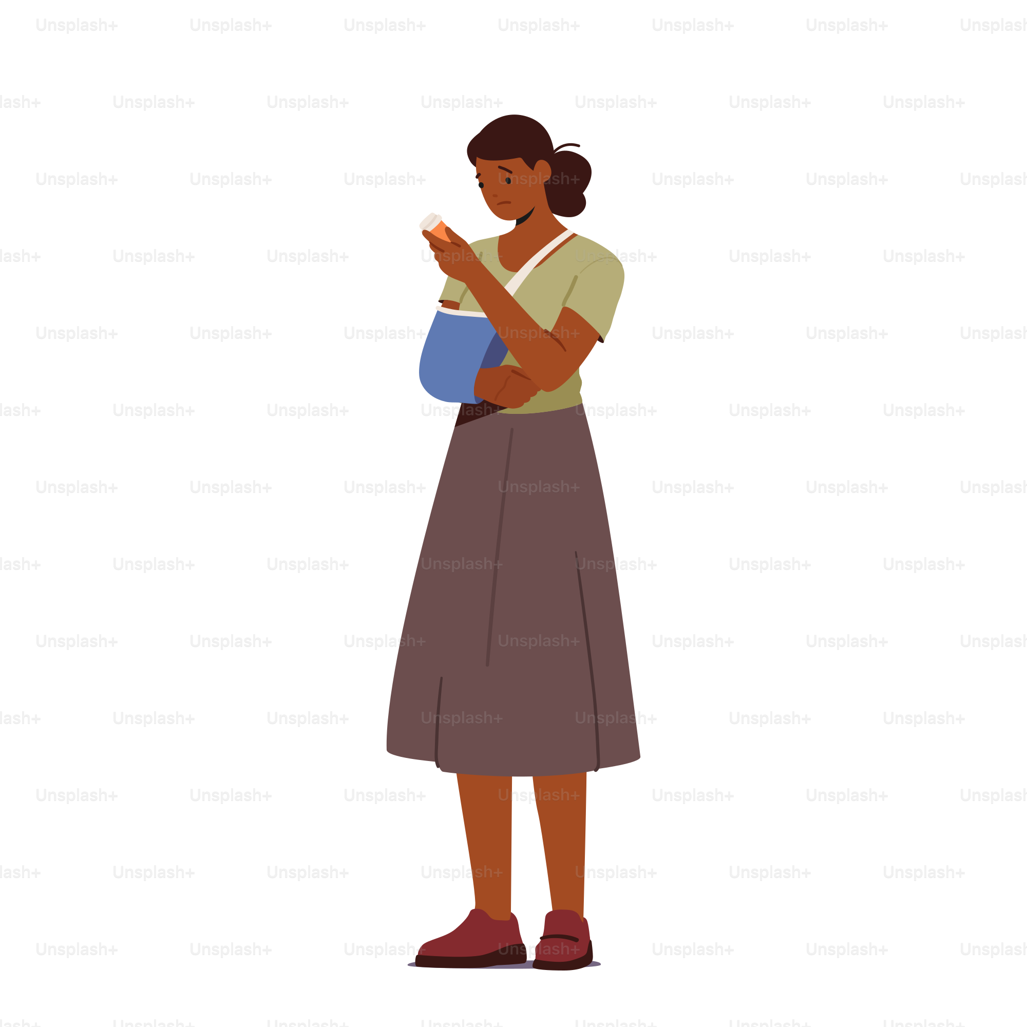 Mujer con fractura en el brazo Lleva vendaje Sujeta pastillas botella aislada sobre fondo blanco. Personaje femenino con mano rota tras un accidente, concepto de lesión traumatlógica. Ilustración vectorial de personas de dibujos animados