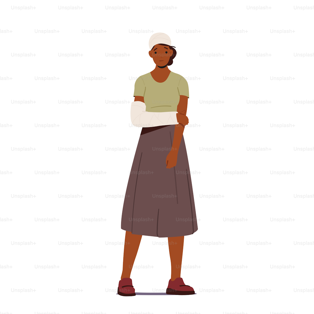 Sad Black Woman with Broken Arm and Head in Gypsum Bandage Isolated on White Background. African Female Character with Hand Fracture after Accident, Injury Concept. Cartoon People Vector Illustration