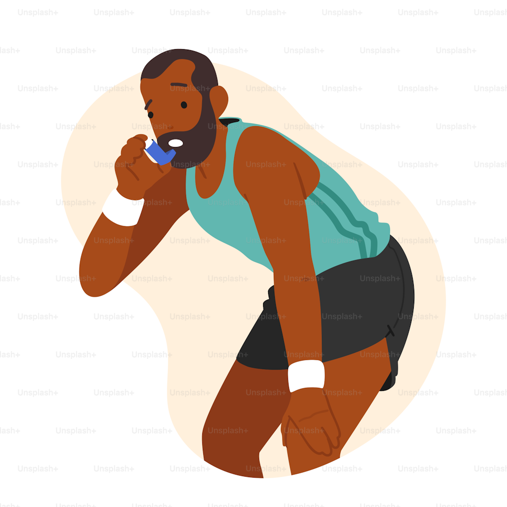 Black Male Character Use Inhaler cause to Asthma Attack Symptoms during Morning Jogging or Sports Exercises, Respiratory Disease, Lungs Health Care Medical Concept. Cartoon People Vector Illustration