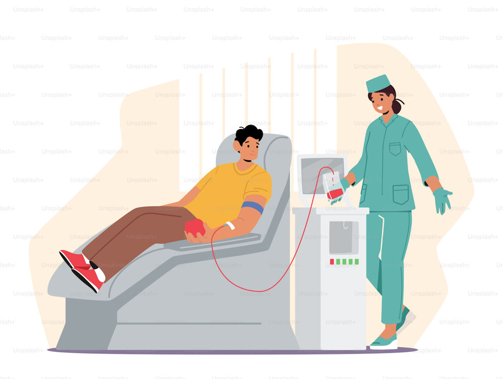 Blood Donation. Male Character Donate Blood for Diseased People, Female Nurse Taking Lifeblood into Plastic Container. Man Donor Sitting in Medical Chair in Clinic. Cartoon People Vector Illustration