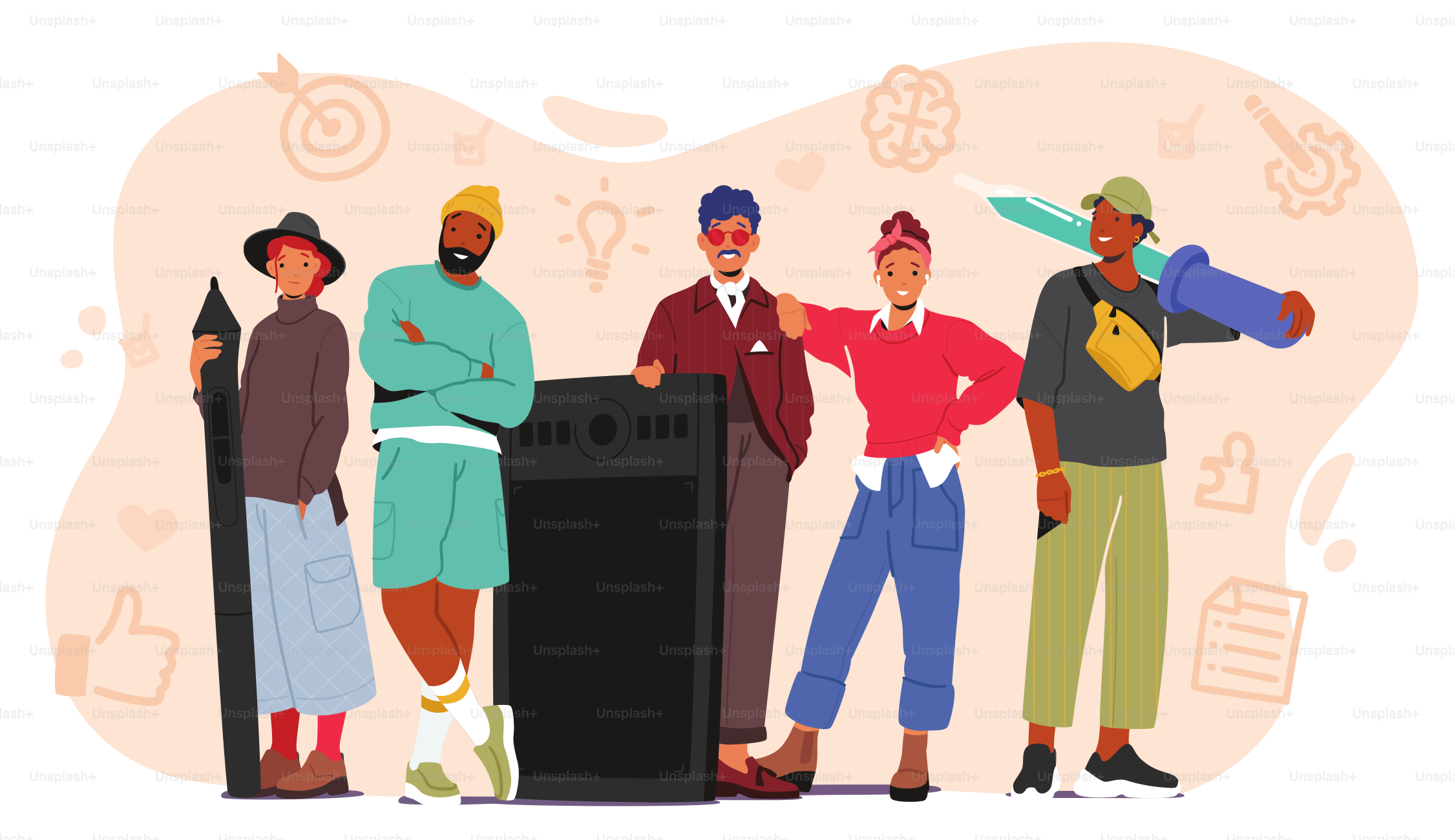 Team of Creative People, Male and Female Characters Designers, Artists, Painters Standing Together with Huge Digital Tablet, Pen and Pipette Ready to Create Projects. Cartoon Vector Illustration