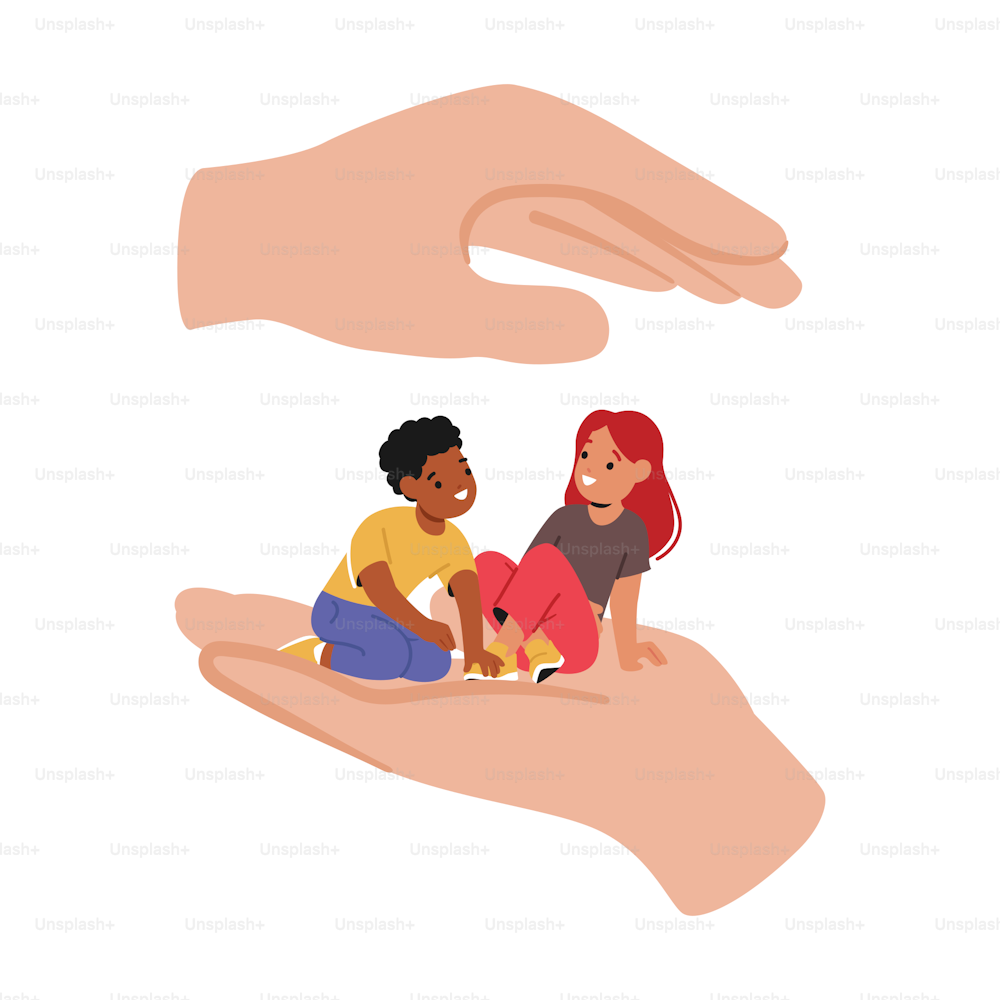 Helping Hands Care of Little Children Sitting on Palm. Concept of Social Help, Charitable Support And Protection Of Kids. Society Support, Upbringing Orphans. Cartoon People Vector Illustration