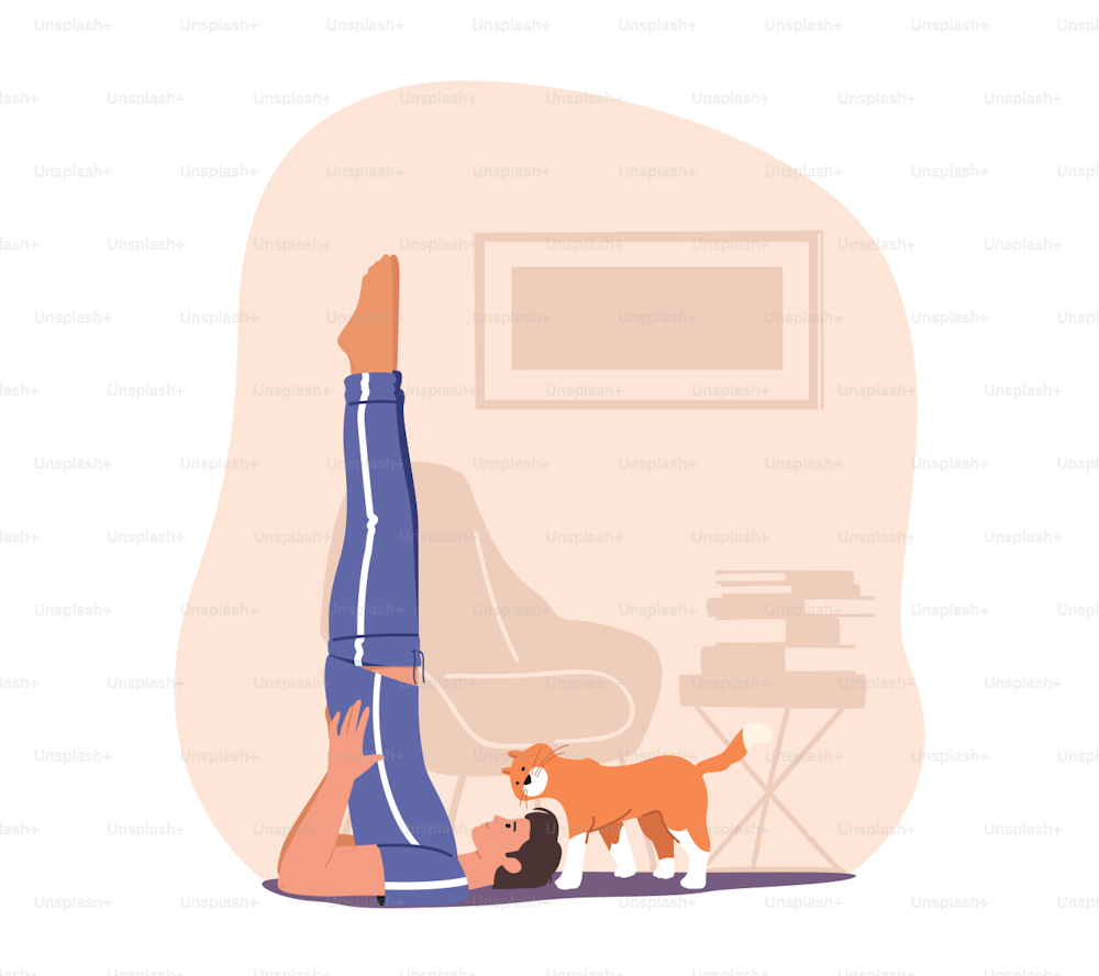 Man Doing Morning Exercises at Home. Male Character Conducting Healthy Lifestyle Doing Stretching or Yoga Asana with Raised Legs. Athlete Sportsman Workout Training. Cartoon Vector Illustration
