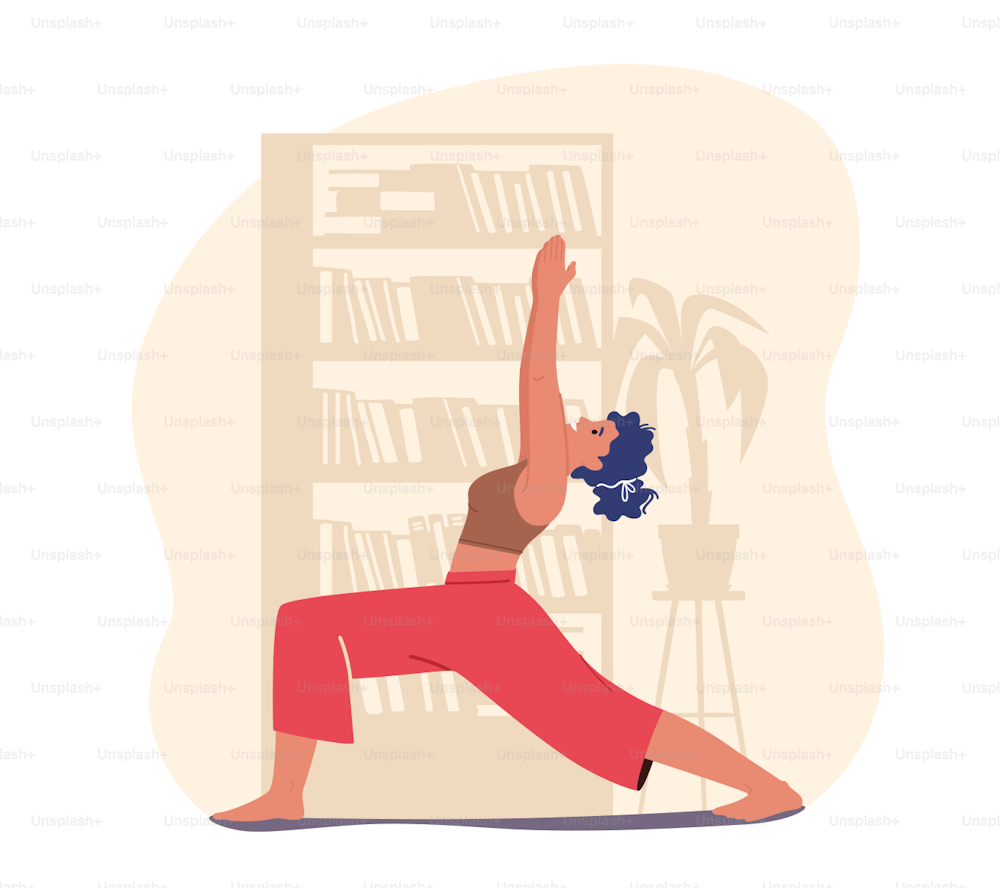 Woman Character Doing Stretching or Yoga Exercises at Home. Fitness, Sport and Healthy Lifestyle. Girl Practicing Gymnastics Workout Class for Flexibility and Fit Body. Cartoon Vector Illustration