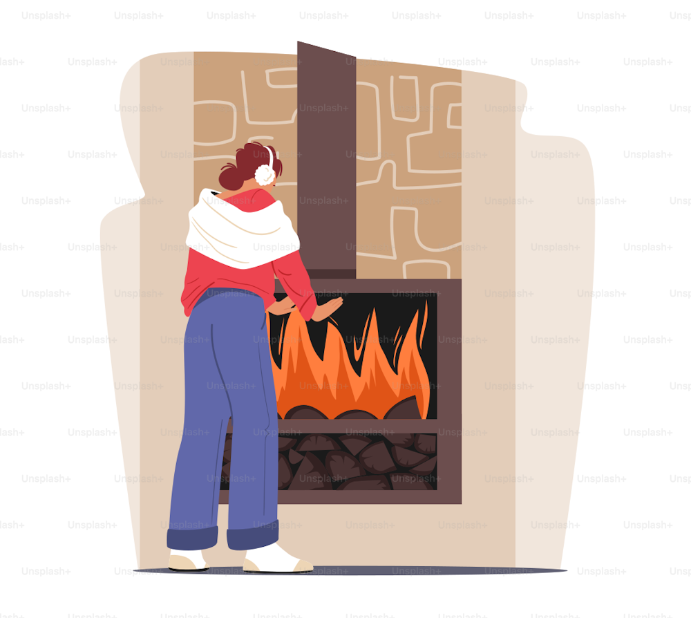 Cold Low Degrees Temperature at Home Concept. Freezing Female Character Wrapped in Warm Clothes Warm Hands at Burning Fireplace. Cold Winter or Autumn Weather Freeze. Cartoon Vector Illustration