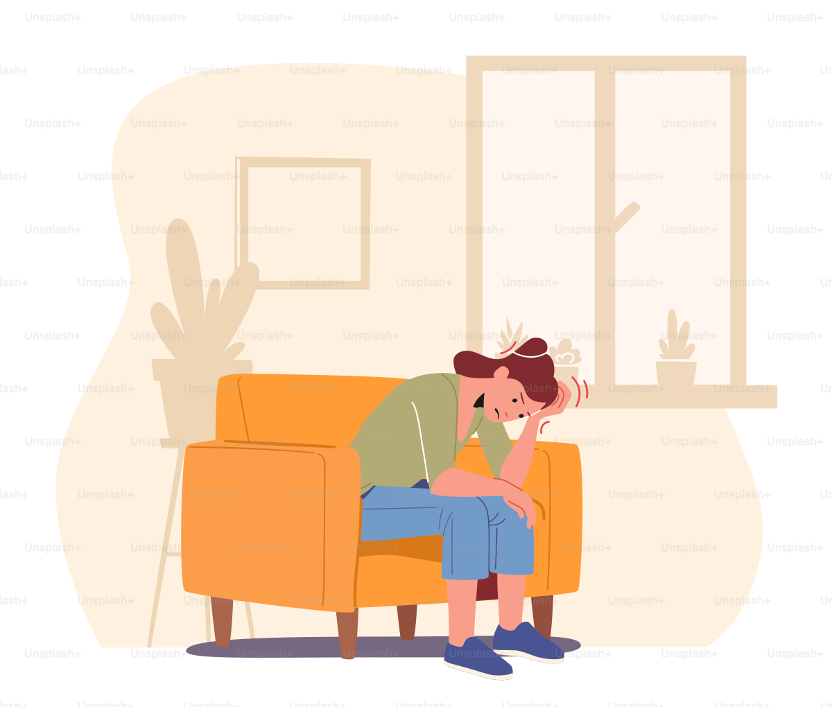 Female Character Feeling Head Ache, Woman Sitting on Armchair with Strong Pain. Health Problem, Disease Symptoms and Body Sickness. Result of Stress or Booze. Cartoon People Vector Illustration