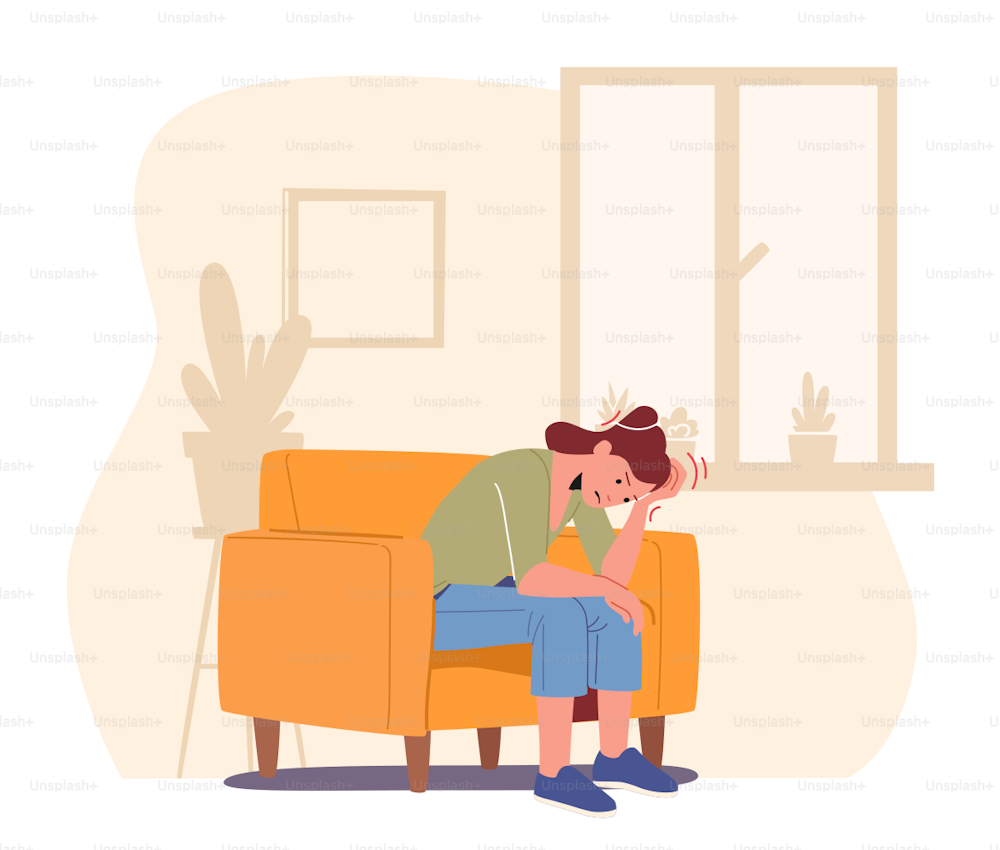 Female Character Feeling Head Ache, Woman Sitting on Armchair with Strong Pain. Health Problem, Disease Symptoms and Body Sickness. Result of Stress or Booze. Cartoon People Vector Illustration