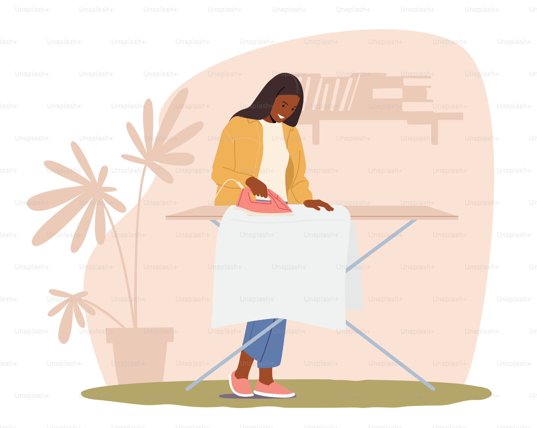 Female Character Housekeeping Work, Home Chores, Housewife Ironing Clean Linen. Young Woman Every Day Domestic Routine, Washing Clothes in Machine and Iron on Board. Cartoon Vector Illustration