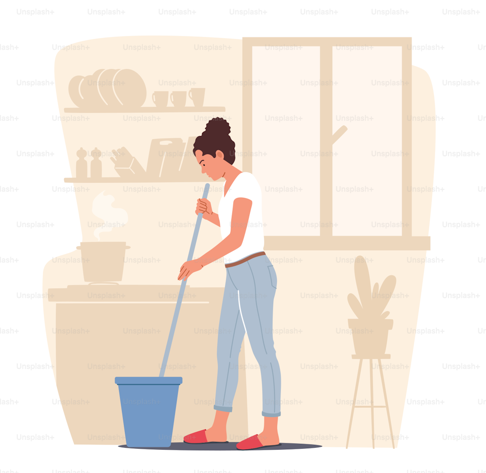 Home Routine, Household Duties in Living Room. Young Woman Doing Domestic Work, Cleaning Floor with Mop, Every Day or Weekend Chores, Girl Mopping Apartment. Cartoon Vector Illustration