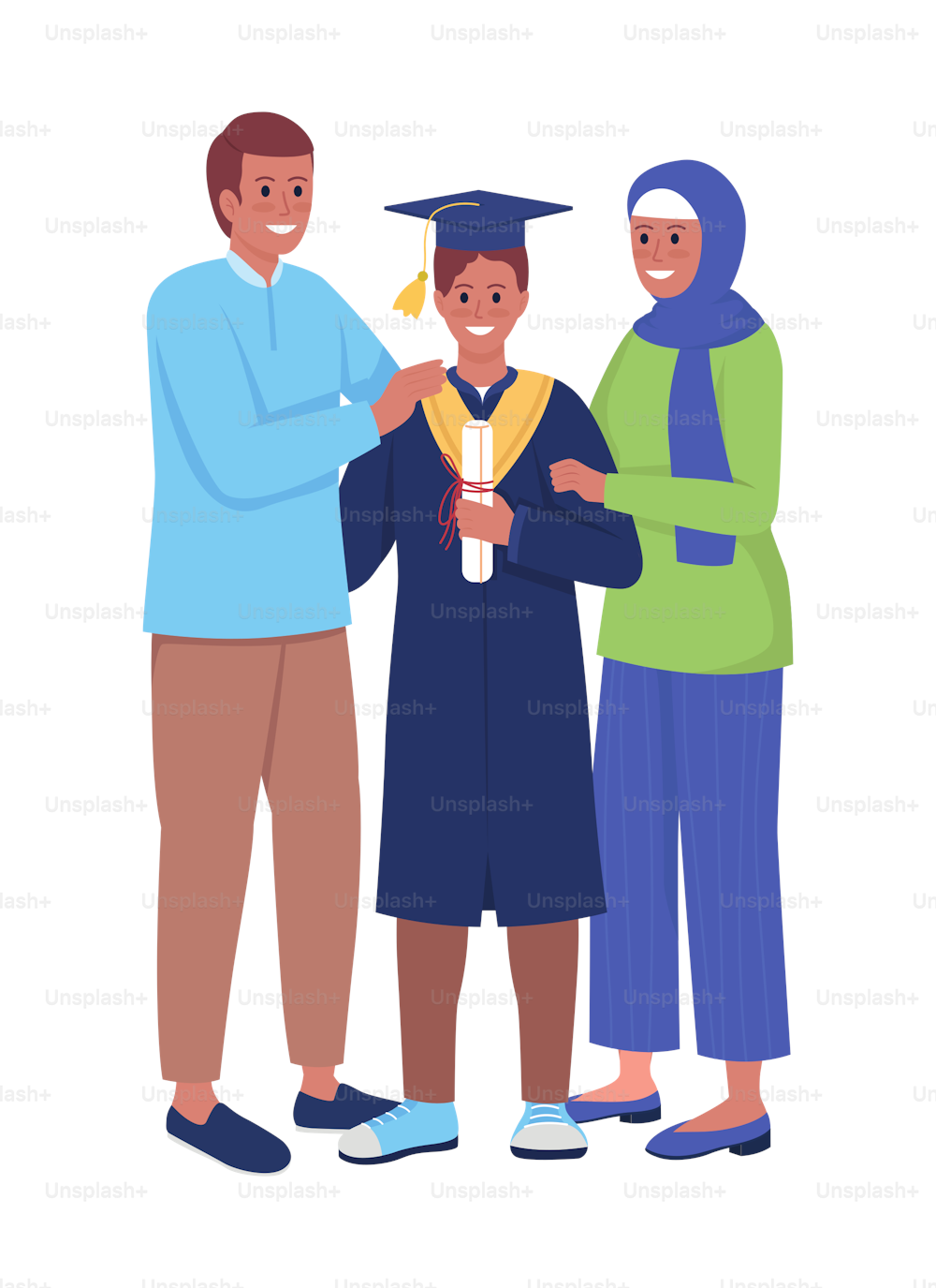 Parents and son graduate semi flat color vector characters. Standing figures. Full body people on white. Graduation ceremony simple cartoon style illustration for web graphic design and animation