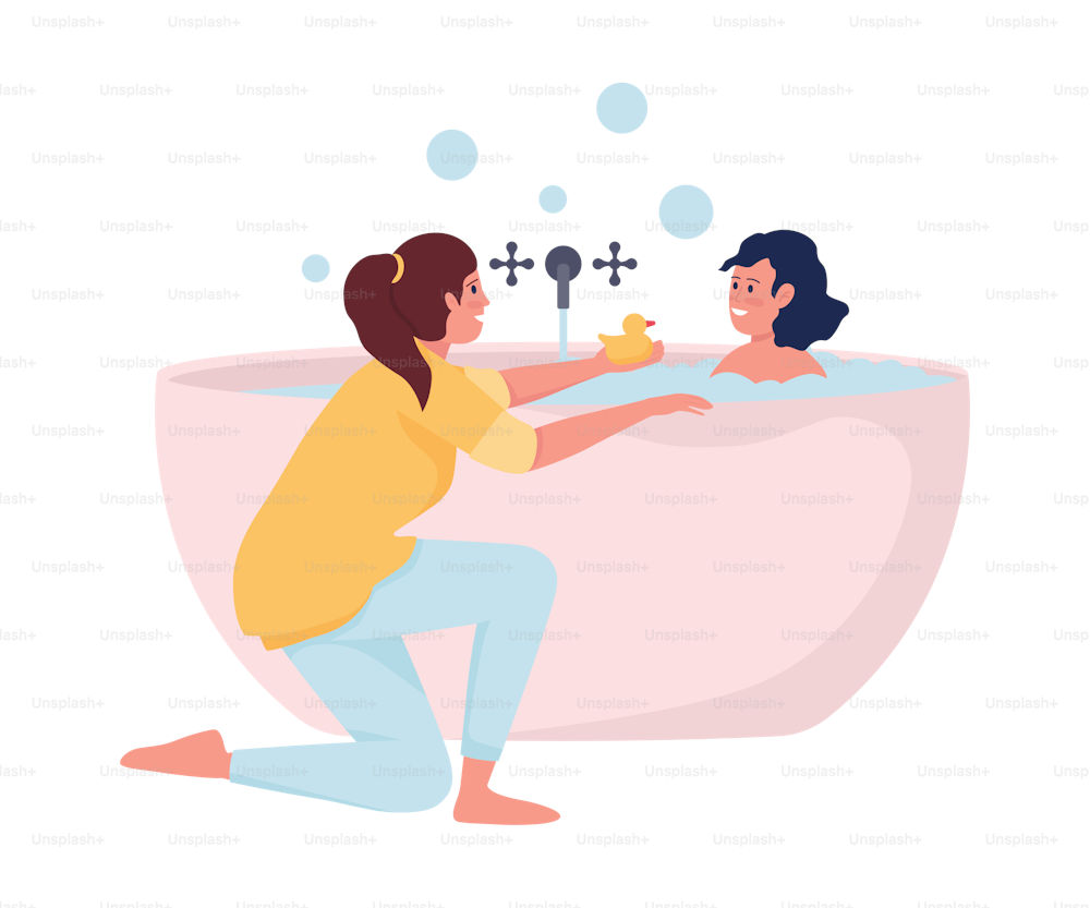 Mother bathing her daughter semi flat color vector characters. Sitting figure. Full body people on white. Bathroom routine simple cartoon style illustration for web graphic design and animation